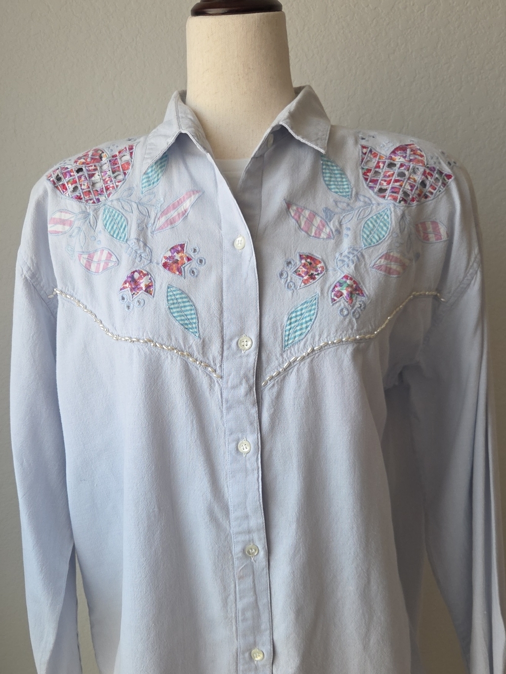 Blue Embroidered Button-Down Shirt Floral Appliqué Pearl Yolk Accent Grandmacore